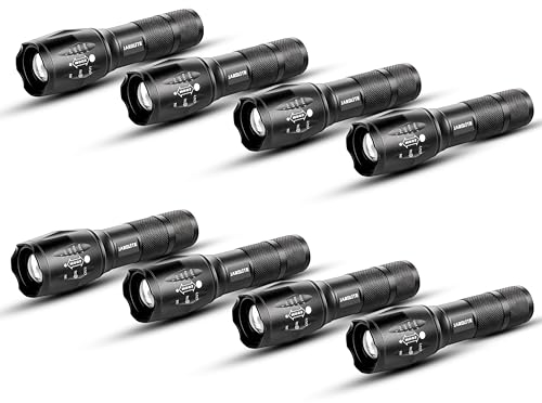 JARDLITE 8 Pack LED Emergency Handheld Flashlight, Adjustable Focus, Water Resistant with 5 Modes, Best Tactical Torch for Hurricane, Camping, Dog Walking