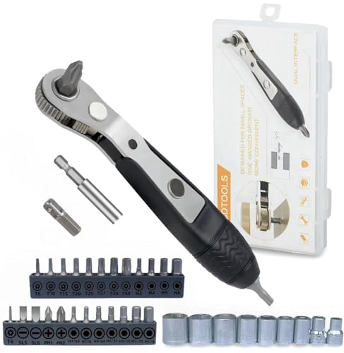 36in1 Right Angle Screwdriver Set 1/4 Mini Ratchet Wrench S2 Magnetic 1/4 Bits 90 Degree Offset Screwdriver Metric/SAE Allen Bits Dedicated to Small Spaces Home&Outdoor Portable Tools