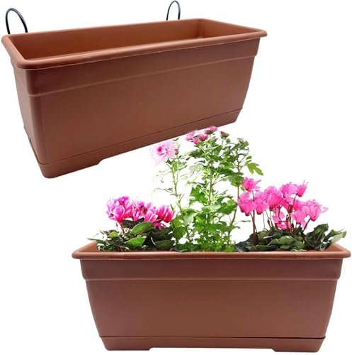 VIRSUS 2 Fioriere Rettangolari per Balcone BIRK6, Color MATTONE, Sottovaso integrato, Vaso in Resina con supporto in ferro da Appendere a Finestre e Balconi, Capacità 10 Litri (60x17x16 cm)