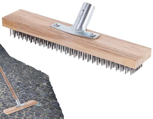 Brosse À Balai Métallique, Anti Mousse Toiture Balai Brosse Exterieur Multifonctionnel Brosse À Récurer Les Sols en Acier Inoxydable 30cm avec Douille Manche en Bois Outil De Jardin