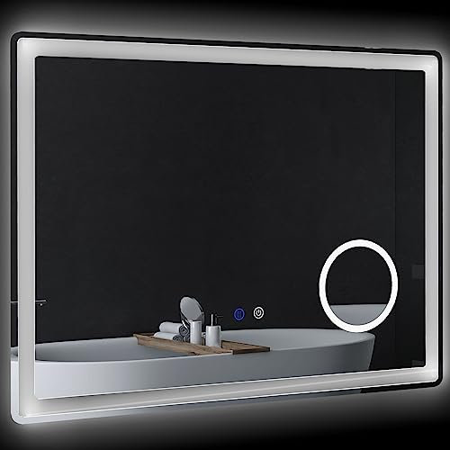 kleankin Miroir Salle de Bain LED 80 x 60 cm Avec Éclairage, Fonction Anti-buée, Grossissant x3m, Luminosité Réglable, Fonction Mémoire, Montage Vertical ou Horizontal