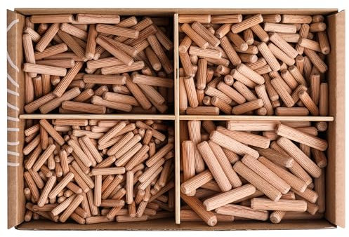 SOLID Holzdübel 600 Stück Holz Dübel Set 4 Größen Holzverbindung Holzstifte Möbeldübel Riffelholzdübel Riffeldübel Kompatibel Mit Dübelfräse Lamellofräse Buchenholz Dübelstangen Holzstopfen