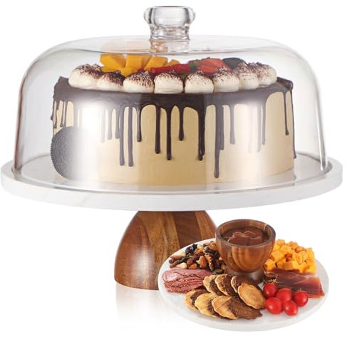 Marble Cake Stand with Lid，2-in-1 Use Cake Holder&Charcuterie Board with Lid，Marble Pedestal Stand with Acrylic Dome and Acacia Wood Bowl Base，Stone Dessert Display Plate Holder Platter with Cover