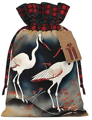 SamLng Bolsa de regalo de Navidad con dos grúas japonesas volando con pintura tradicional, regalo de fiesta con cordón para vacaciones, envoltura de golosinas, perfecta para cumpleaños, aniversarios