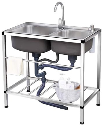Évier de cuisine commercial, Évier double autoportant en acier inoxydable Avec robinet chaud et froid, Étagère de rangement, Lavabo à main, Convient pour les restaurants, les buanderies