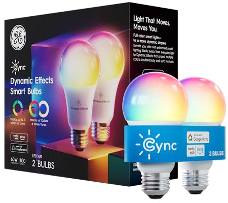 GE Cync Dynamic Effects A19 LED Smart Light Bulbs, Bluetooth and WiFi Color Changing Lights with Music Sync, Compatible with Alexa and Google Home (2 Pack)