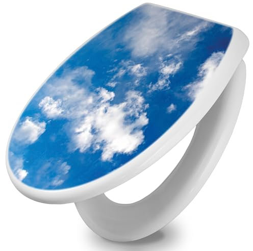 banjado Toilettendeckel mit Absenkautomatik 44,5x37cm / WC Sitz mit Absenkautomatik/Toilettensitz Duroplast mit Edelstahl Scharnieren/Klodeckel mit Absenkautomatik Motiv Wolken 2