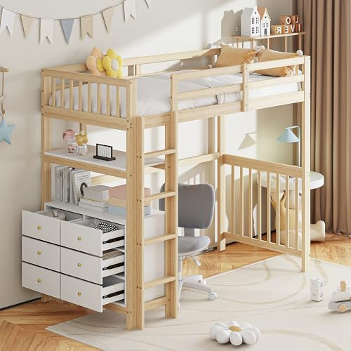 Lexiou 90x200cm,Hochbett,vertikale Sicherheitsleiter, Schubladen und Regale, hohes Zaundesign, Bett aus Kiefernholz,Lattenrost, Einzelbett aus Holz (Holzfarbe + Weiß)
