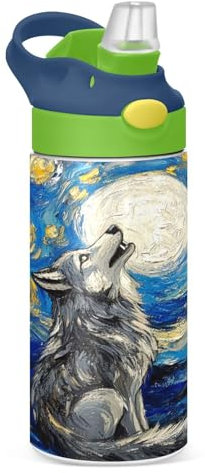 JUMBEAR Bouteille d'eau isotherme en acier inoxydable avec couvercle à paille - Motif loup sous le clair de lune - 350 ml