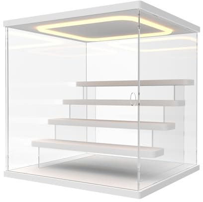 Nynelly Vitrine pour Collection avec Éclairage LED, 5 Niveaux Vitrine Acrylique Rangement avec Porte et Marches, Anti-Poussière Transparente Plexiglas Boite Presentoir pour Funko Pop, Figurine, Blanc