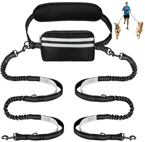 Hands Free Dog Lead for 2 Dogs with Heavy-Duty Traffic Handle, Dog Walking Belt Ajustable Dogs Leash Waist Belt Pet Leash Coupler for Medium and Large Breeds for Running, Walking, Jogging, Hiking