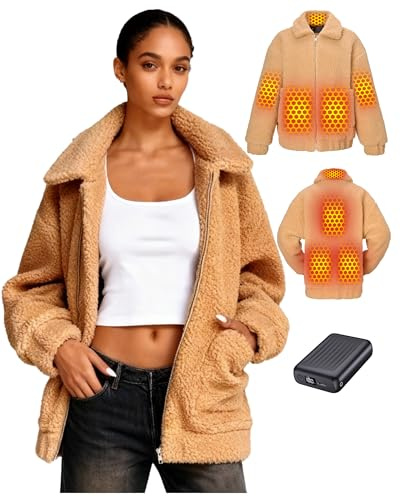 Topdot Pile Riscaldata Donna con power bank 12V, 18400 mAh, 8 Zone Di con 3 livelli di temperatura,Cappotto invernale casual in pile caldo e soffice con risvolto per All'aperto,Cachi,M