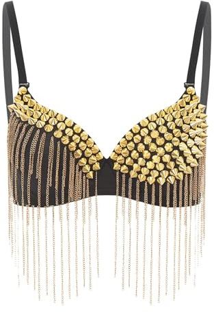 Womens Sequin Top Fringe Bra Top Sparkly Belly Dance Tops Tassel Bustier Bikini Rave Crop Top (Gold, S)