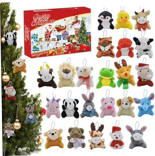 Calendario de adviento 2025 con 24 días de cuenta regresiva, incluye 24 mini juguetes de felpa de animales, fortaleza de la fiesta de la calcetín navideño para niños niños