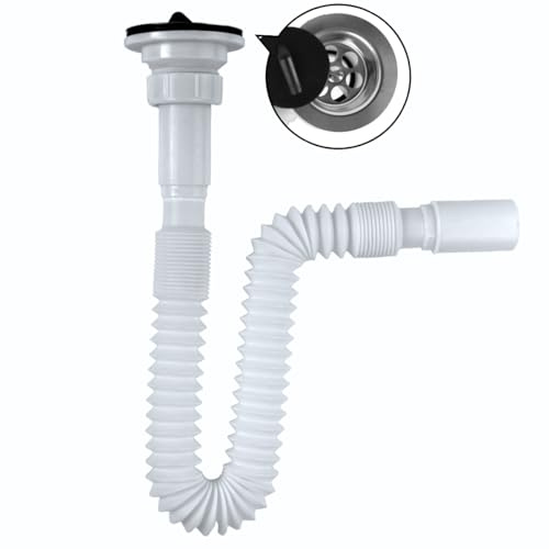 CRUDO Flexibler Siphon Waschbecken Kunststoff 1 1/4 x 32 mm - Siphon Küchenspüle mit Waschbeckenstöpsel mit Sieb - Flexibles Abflussrohr Waschbecken - Ablaufgarnitur Spüle, Weiß