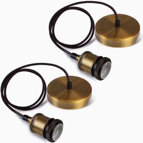 Seruno Lampara Cuerda Techo E27 Portalámpara de Metal Para Lámparas Colgante,con Cable Ajustable 100CM, Casquillos para Bombillas E27, Ideal para Isla de Cocina,Cafetería, Sala,Latón Antiguo,2 Piezas