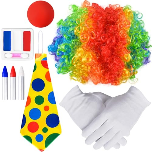 iZoeL Clown Kostüm Accessoire, Clown Lockenperücke + Clownsnase + Bunte Krawatte + Handschuhe Karneval kostüm Accessorie, Halloween Fasching Karneval Kostüme für Damen Mädchen Herren