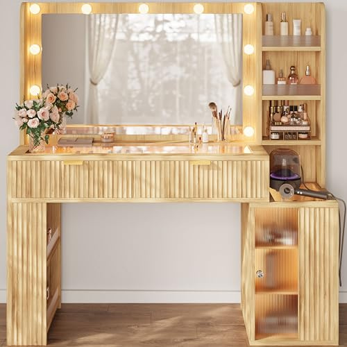 47'' Fluted Makeup Vanity Desk with Large 36 Mirror & Hollywood Bulbs, Smart RGB Lights, Glass Top Vanity with 5 Shelves, 2 RGB Drawers, Acrylic Cabinets, Wood Vanity with Charging Station,Oak