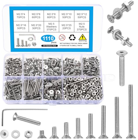 1110 Pcs M2.5 Screws Set, Metric Screw Assortment, Flat Metric Machine Screw Assortment, Countersunk Bolts and Nuts Set, 304 Stainless Steel Flat Head Hex Socket Cap Screws Bolts with Washers