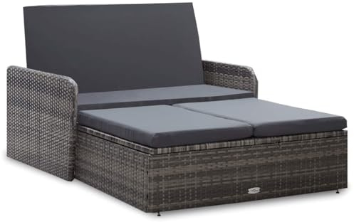 Hoopleep 2-TLG. Garten-Lounge-Set, Poly Rattan Grau, mit Auflagen, verstellbar, Stauraum, für Terrasse und Outdoor-Möbelbereiche