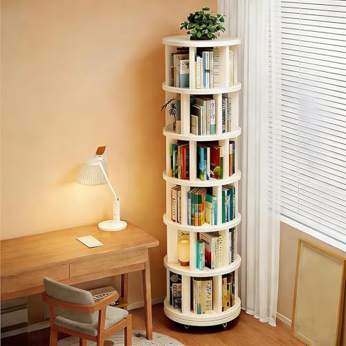 360° Drehbares Bücherregal 6-Etagen Drehregal Aus Massivholz, Platzsparendes Schmalregal Mit Rollen, Rotierender Bücherturm Für Wohnzimmer, Büro, Schlafzimmer, Ecke(White)