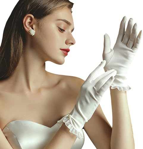 MARCBUSE Guanti da sposa bianchi con volant sottili guanti per opera da donna a tema balli di fine anno accessori per costumi da sposa con volant guanti da sposa con fiocco, crema, Taglia unica