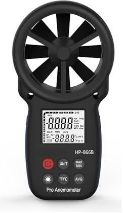 Anemometer Windgeschwindigkeit und Temperatur, Windchill-Anzeige, Handgerät, aktuell/durchschnittlich/maximal/min, LCD