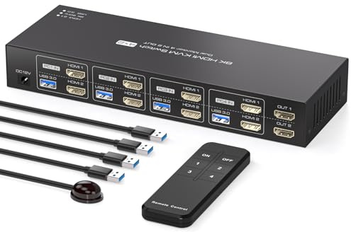 PVBCTCSID KVM Switch 4 Computers 2 Monitors HDMI 4K120Hz EDID Emulation 4 Port KVM Switch for 4 PCs to Share Dual Monitors and 4 USB 3.0 Peripherals Support for Copy/Extend Modes with Controller