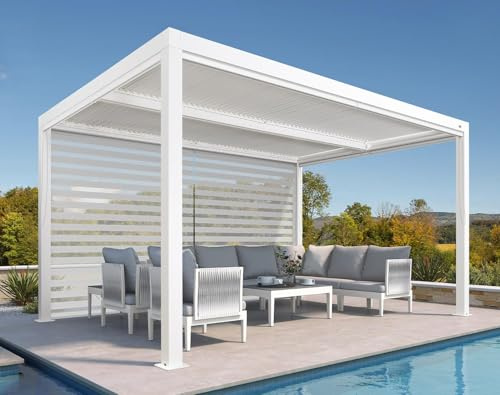 PURPLE LEAF Pergola Bioclimatica 4,24 x 3 m Pergola Alluminio con Tende Avvolgitore su un lato Gazebo da giardino Lame Orientabili Pergole Giardino Esterno, 1 Lato Lungo, Bianco