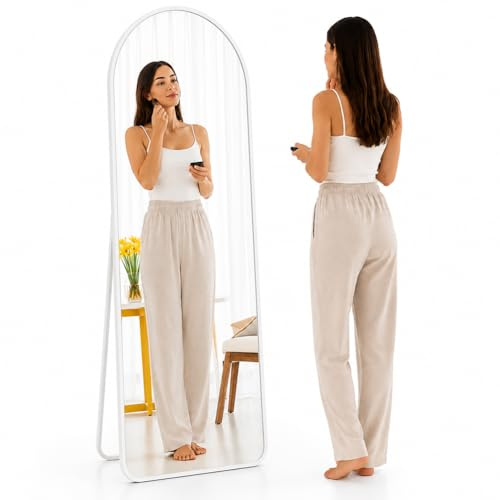 Shally Dogan Specchio da Terra e da Muro ad Arco, Stand Autoportante Indipendente e da Parete, Decorazione Interna, Design Minimal, Figura Intera e Cornice in Alluminio, 155 x 45 cm, Bianco