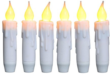 CVHOMEDECO. Chandelles à bout effilé vacillantes, bougies sans flamme à DEL, fonctionnant à piles avec minuterie, blanches, 12 cm, ensemble de 6.