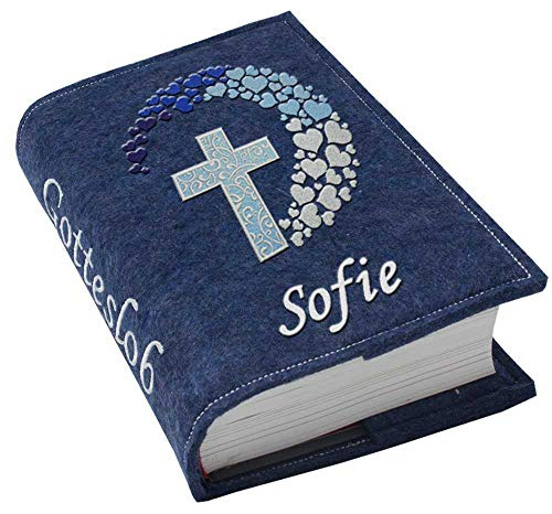Gotteslob Gotteslobhülle Großdruck Kreuz Herzen blau Filz mit Namen bestickt hellgrau weiß dunkelgrau lila blaugrau dunkelblau türkis maigrün flieder, Farbe:dunkelblau meliert