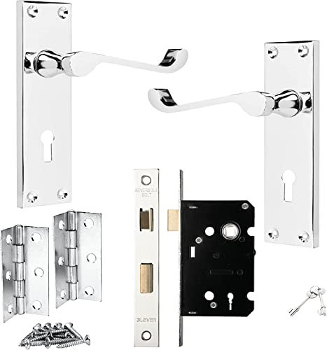 IRONZONE® Victorian Scroll Polished Chrome Door Handle Lock Pack, 3 Lever Lock, 1 Pair of Hinges, for Extra Privacy in Bedroom and Living Room, Traditional Design