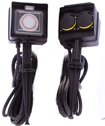 JL Gartensteckdose, Außensteckdose mit Erdspieß, Kinderschutz, Schutzklasse IP44, wasserfestes Gehäuse - H07RN-F 3G1,5 Kabel, Sicherheitsgeprüft mit GS Siegel (2-Fach 5m mit Schaltuhr)