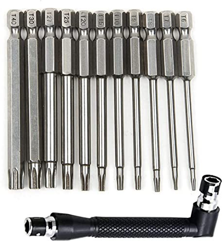 ASelected 11 Pieces 75mm T6-T40 S2 Steel Star Head Security Torx Screwdriver Sets + Angle Screwdriver Bit Holder, Star Screwdriver Bits Torx Security Bit Set with T10 T15 T25 T20 T25 T30 ect.
