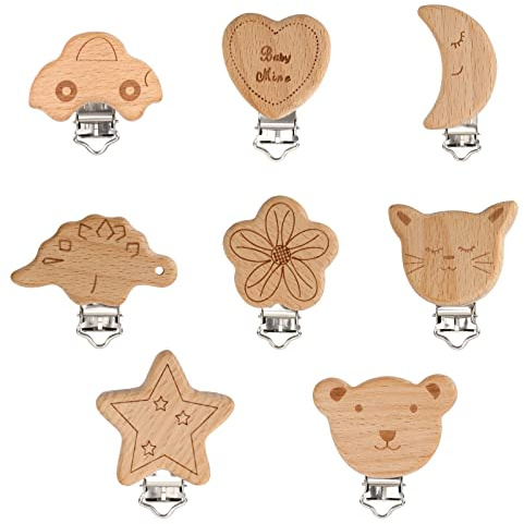 OOTSR Set of 8 Wooden Pacifier Clips Suspender Anti-Throw Clip Baby Dummy Clips for Soother Infant Toddler Kids Clasps Decorated with Cute Animal Star Moon Car