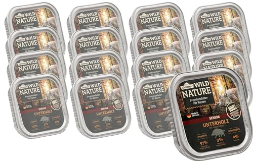 Dehner Wild Nature Katzenfutter Unterholz, Nassfutter getreidefrei / zuckerfrei, für ältere Katzen, Wildschwein, 16 x 100 g Schale (1.6 kg)