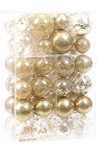 Sea Team - Juego de Bolas de Navidad de plástico Transparente irrompible de Varios tamaños, Bolas Decorativas de Navidad con Adornos delicados Rellenos (48 Unidades, Dorado)