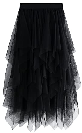 KUKEYIEE Donna Gonna Tulle Tutu Irregolare a Strati per Balletto Prom Party - Vestito Plissettato A-Line Midi Nero Taglia Unica