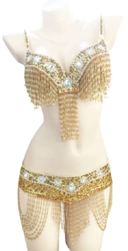 JRUIA Fransen Bauchtänzerin Kostüme Für Damen Karnevals Performance Tanz Outfits Bauchtanz BH Und Gürtel Bauchtanz 2 Teiliges Set,Gold,M