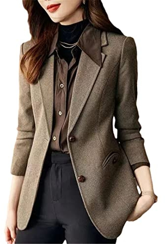 Woll-Blazer für Damen, Herbst, Winter, schmal, Büro, Damen, Blazer, Mantel, kurz, weiblich, klassisch, lässig, Oberteil, Kaffeebraun, XL