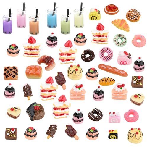 53 Stück 1/12 Miniatur Lebensmittel Puppenhaus Zubehör, Einschließlich Harz Kuchen, Brot, Eiscreme, Donuts und Getränke, Miniatur Küche Zubehör, Puppenhaus Küche Spielharz Mini Essen