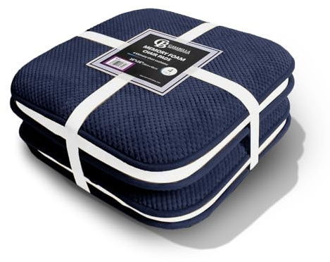 Casabella Memory Foam Chair Cushion Non Slip Back, Round Square Honeycomb Pattern Set of 4 Chair Pads, Durable Seat Cushions for Dinning Chairs, Office Desk & Patio-16x16 Navy Memory Foam Seat Cushion