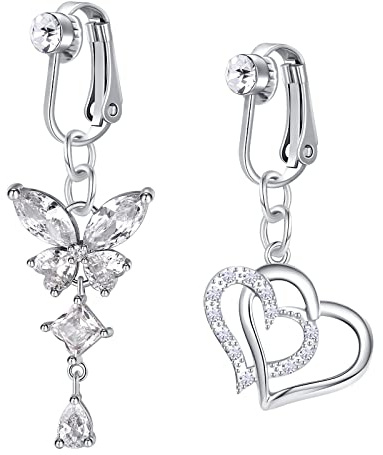 Mayhoop Fake Bauchnabelpiercing Clip On Bauchnabelpiercing Chirurgenstahl Falsch Bauchnabel Ring Bauchpiercing Herz CZ Schmetterling Klemme Bauchring Kein Piercing Schmuck 2 Stück