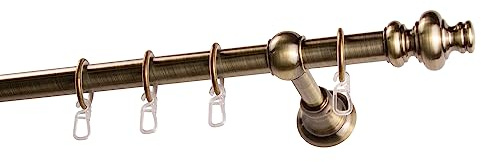 Garesa Gardinenstange Andrea Ø 20mm, 1-läufig, Messing, antik I Stabile Vorhangstange inkl. Ringe + Faltenlegehaken I Mit Endknopf Profil groß I 210cm