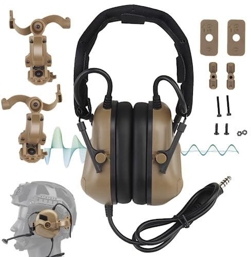 SIANKO Taktisches Headset für Schießen, Jagd, Geräuschreduzierung, Schallaufnahme, Gehörschutz, kabelgebunden, mit Mikrofon, Helmschienen-Adapter (ANC/Tan)