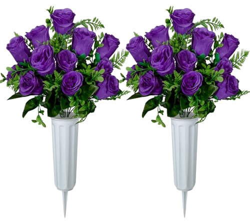 XONOR Artificial Cemetery Flowers, Set of 2 Artificial Rose Bouquet Grave Memorial Flowers with Vase for Cemetery Headstones Decoration (Purple)