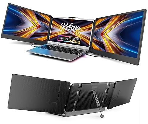 KEFEYA Portable Monitor for Laptop, 14” Full HD IPS Display Screen, Triple Laptop Screen Extender, Work with 13”-17” Mac Windows Chrome