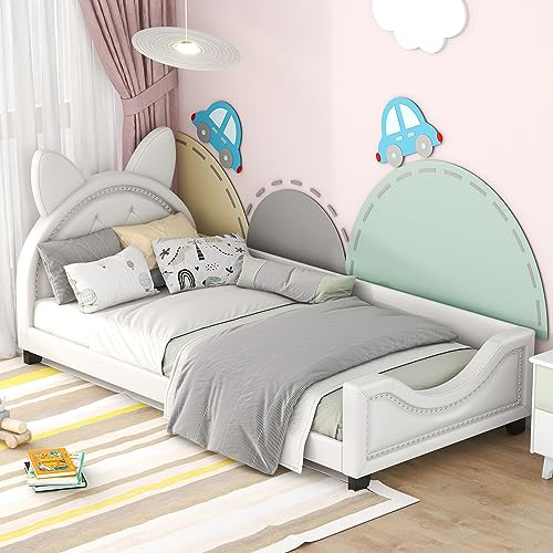 MYBOO Kinderbett 90x200, Modernes Einzelbetten, Form Von Karton-Ohren, Bett mit Holz Lattenroste und Rückenlehne, Kinder Bett für MäDchen Junge Weiß