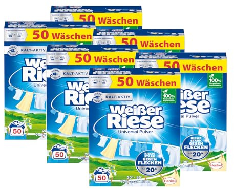 Weißer Riese Universal Pulver 300 Waschladungen (6x 50 WL), Vollwaschmittel wirkt riesig stark gegen Flecken, Kalt-Aktiv schon ab 20° C, ergiebiges Waschpulver, ideal für Familien mit Kindern
